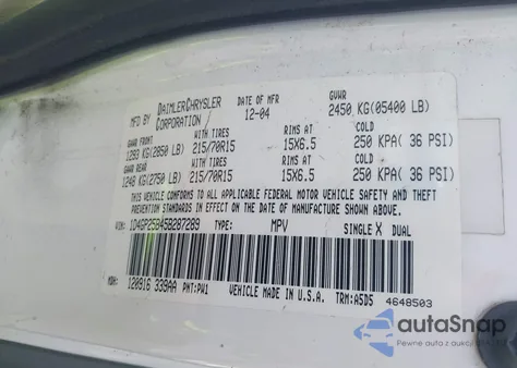 2005 Dodge Caravan Se from USA, damaged, VIN 1D4GP25B45B287289